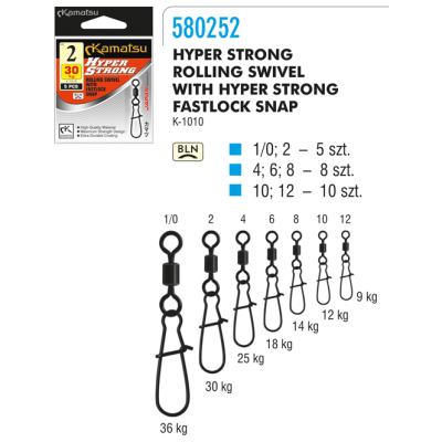 KRĘTLIK HYPER STRONG ROLLING SWIVEL Z AGRAFKĄ FASTLOCK SNAP K-1010 4/25kg OP.8SZT