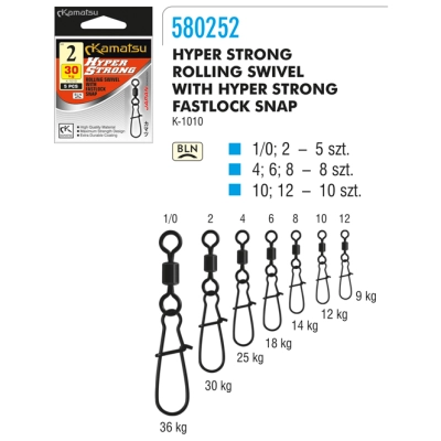 KRĘTLIK HYPER STRONG ROLLING SWIVEL Z AGRAFKĄ FASTLOCK SNAP K-1010 6/18kg OP.8SZT